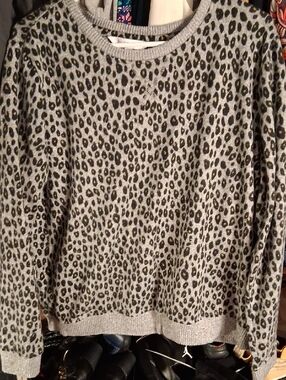 Emily Daniels Gray Leopard Print Crewneck Sweater